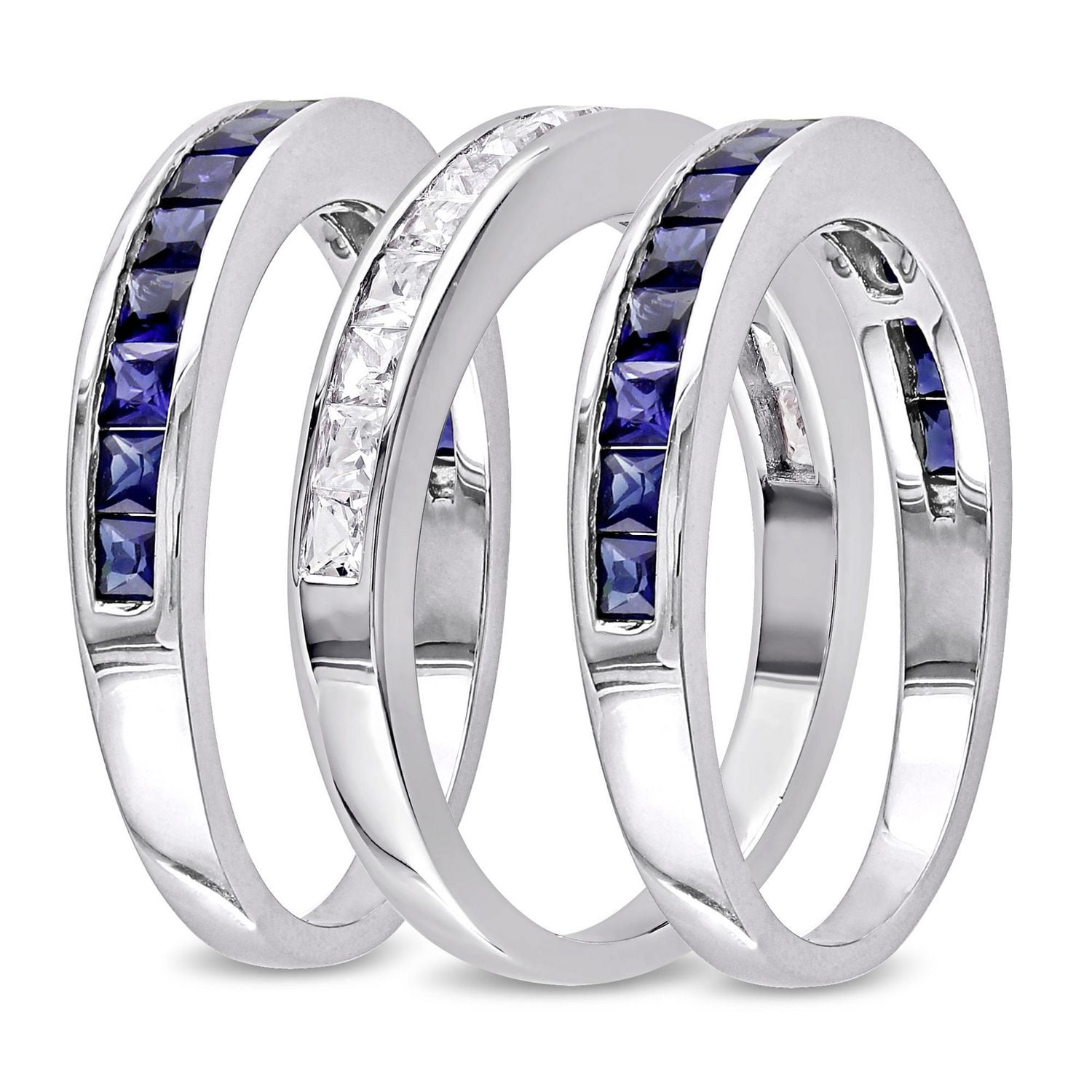 Ensemble de 3 bagues d'anniversaire semi-éternité empilables Tangelo avec saphirs bleus et blancs synthétiques 2-1/4 CT PBT en argent sterling