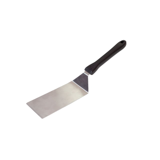 Camp Chef Professional Stainless Steel Long Spatula with an 8.5 by 3.75-inch stainless steel blade and an 8.5-inch black ergonomic handle featuring a hanging hole, designed for flipping and scraping larger foods on griddles and flat surfaces.