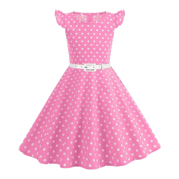 Ketyyh-chn99 Robe Décontractée pour Filles Été Manches Volantées Robes Évasées Robe pour Filles Manches Courtes avec Ceinture Pois Robe pour Enfants Été Manches Volantées Jupe Vintage Fraîche Taille pour 7-8 Ans, Rose