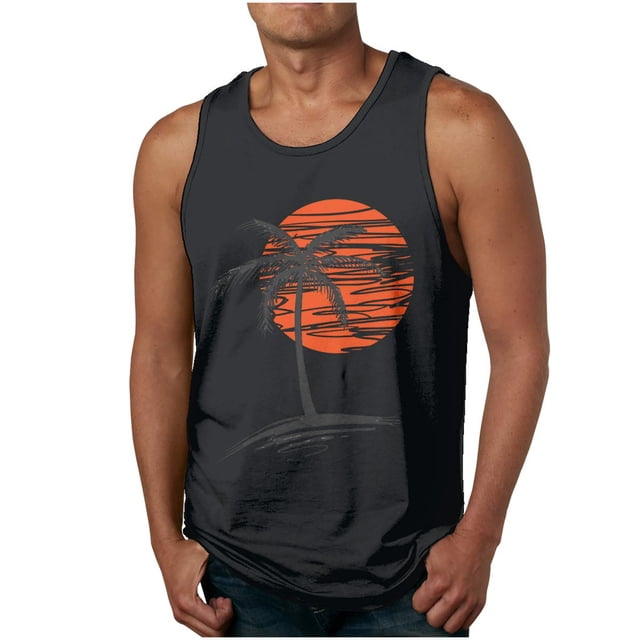 LSLJS Tank Tops Men Coconut Tree Sunset Print Sleeveless Muscle Shirt Beach Tank Tops. This men's sleeveless tank top features a black base with a vibrant orange sunset and coconut tree print on the front. Made from a cotton-polyester blend, it is lightweight and suitable for casual, outdoor, and daily wear. Designed for comfort and style, it fits true to size and pairs well with jeans or shorts. Ideal for activities like jogging, fitness, or beach outings.