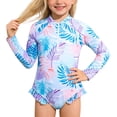 thumbnail image 1 of JTieacloth Girls Long Sleeve Zip Front Swimsuit With Floral Print UPF 50 Sun Rash Guard Bathing,Sizes 5-6 Years, 1 of 6