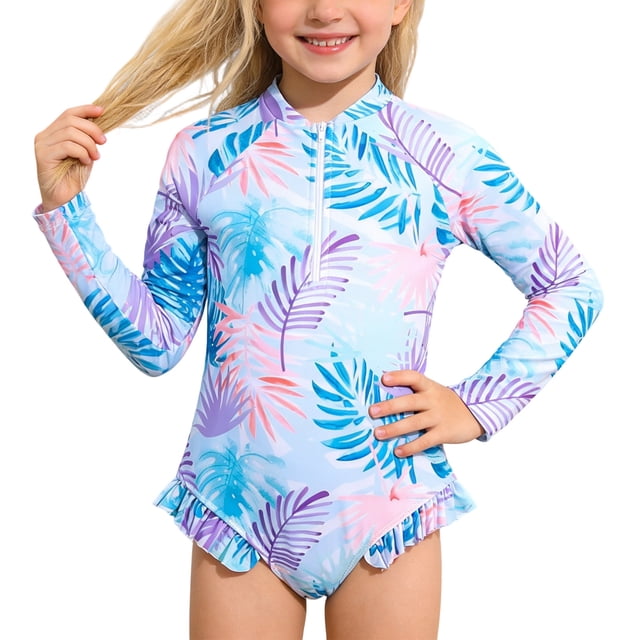JTieacloth Girls Long Sleeve Zip Front Swimsuit With Floral Print UPF 50 Sun Rash Guard Bathing,Sizes 5-6 Years