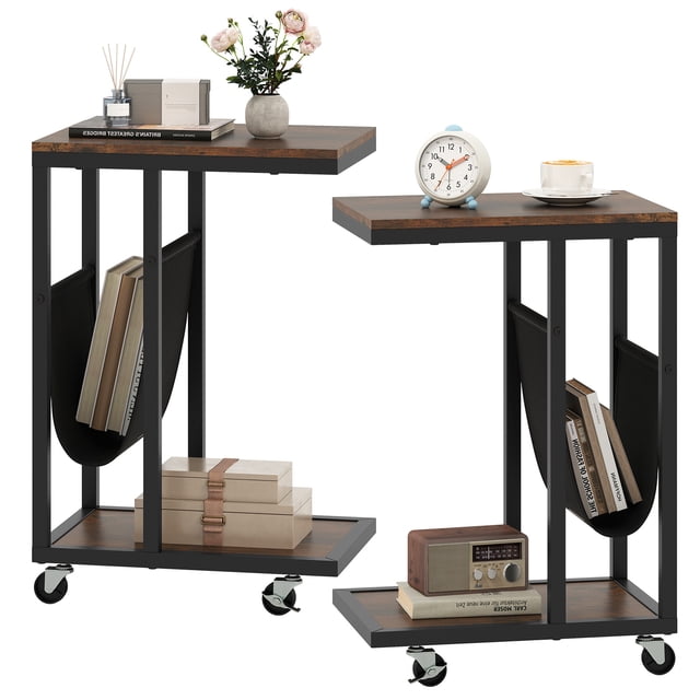Costway 2 PCS C-shaped Side Table 2-tier Sofa Couch Table with Canvas Storage Pouch Brown