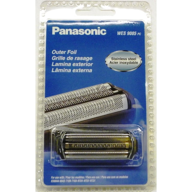 Panasonic WES9085C Feuille Extérieure de Rechange dans un Emballage en Plastique Transparent avec Dos Bleu, Dotée d'Une Tête de Rasoir à Grille en Acier Inoxydable pour Têtes de Rechange de Rasage Électrique Compatibles avec les Modèles Panasonic Plus Âgés comme ES8044 et ESRT51. la Feuille a une surface Métallique Perforée avec une Lame de Coupe Centrale visible à l'Intérieur, Idéale pour l'Entretien et la Toilettage des Hommes.