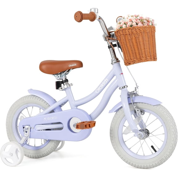 OLAKIDS Kids Bike, 12 14 16 18 Inch Toddlers Bike with Training Wheels Rattan Basket Safety Bell Adjustable Seat and Handlebar, Children's Bicycle for Girls Boys Age 3-8