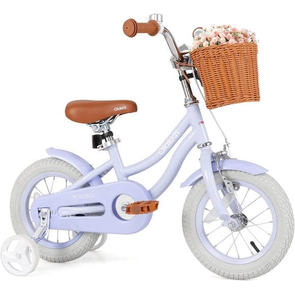 OLAKIDS Vélo pour Enfants, Vélo pour Tout-Petits de 12 14 16 18 Po avec Roues Stabilisatrices, Panier en Rotin, Sonnette de Sécurité, Selle et Guidon Ajustables, Bicyclette pour Filles et Garçons de 3 à 8 Ans