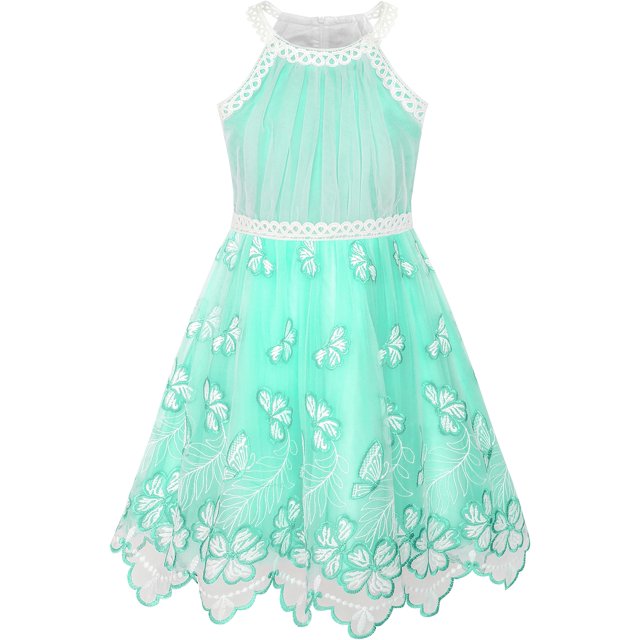 Girls Dress Turquoise Butterfly Embroidered Halter Dress Party 8 Years