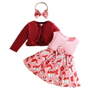 Splozh Baby Girl Fall Clothes Baby Girl Christmas Outfit Ruffled Long Sleeve Romper Overall Dress Set Cute Fall Winter Clothes Red,12-18 Months