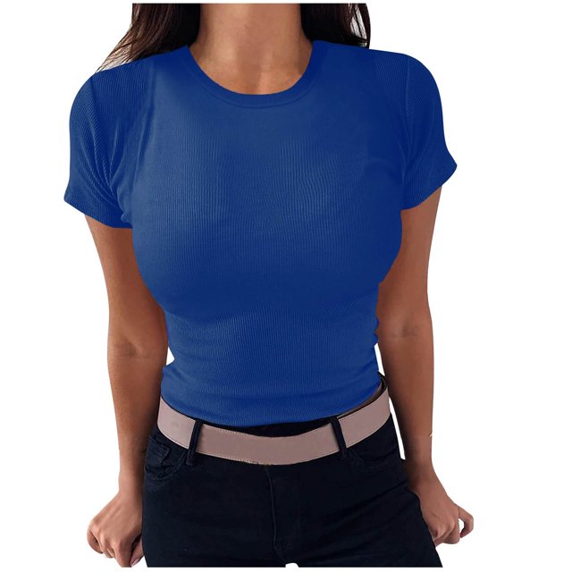 AherBiu Hauts Côtelés pour Femmes Été Col Ras du Cou Tricoté Manches Courtes Extensible Coupe Ajustée Hauts de Sortie T-Shirts Chemises