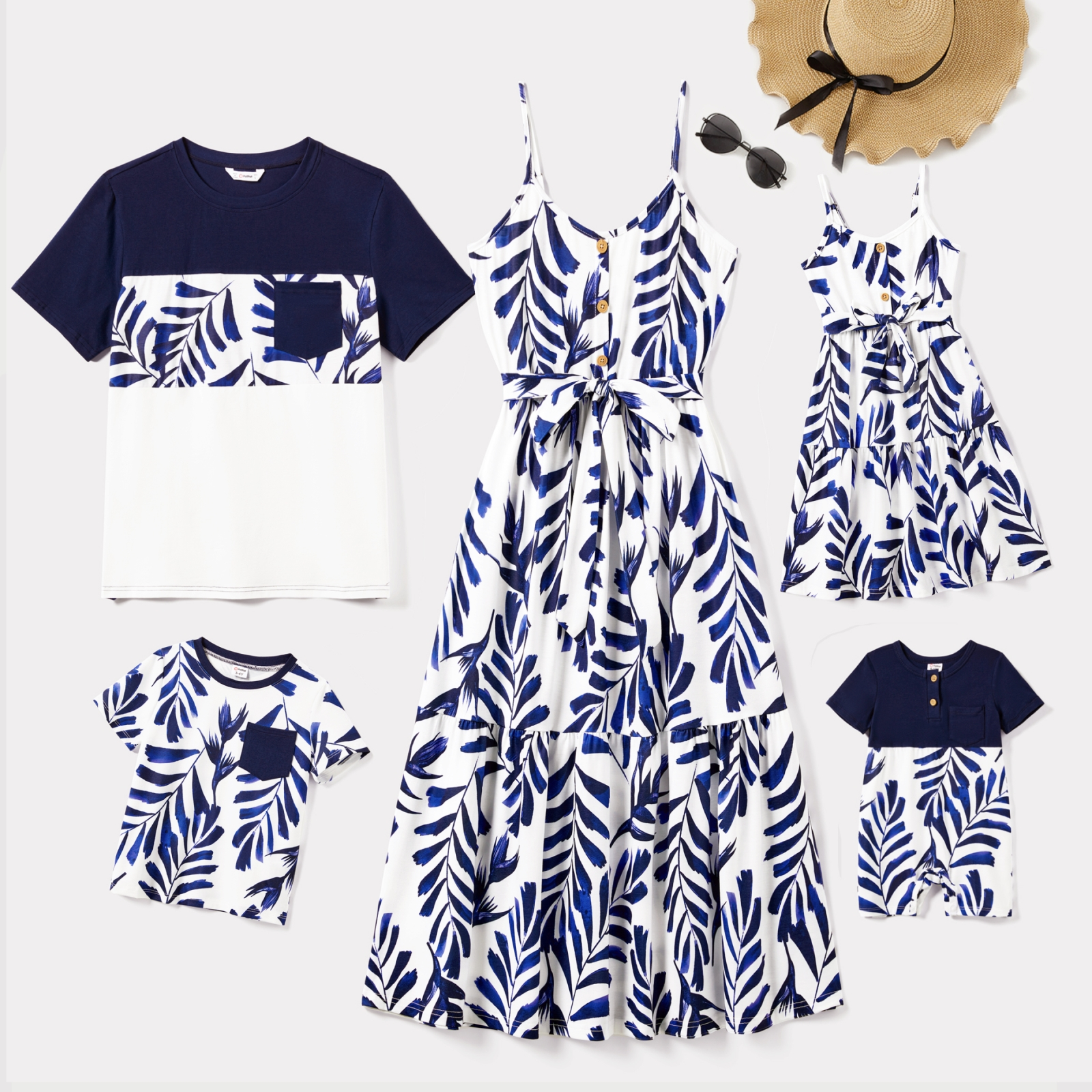 PatPat Family Matching Modern Blue and White Botanical Leaf Design Button Strap Dress and Color Block Tee Sets