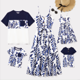 thumbnail image 1 of PatPat Family Matching Modern Blue and White Botanical Leaf Design Button Strap Dress and Color Block Tee Sets, 1 of 4