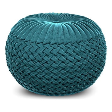 Grafton Transitional Round Pouf in Teal Green Velvet Fabric with Woven Details