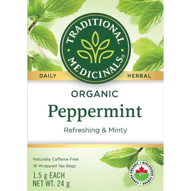 Traditional Medicinals Peppermint organic herbal tea box containing 16 wrapped tea bags, each 1.5 g, total net weight 24 g, naturally caffeine free, with green peppermint leaves and Canada Organic certification on a light green background, suitable as a refreshing and minty post-meal tea.