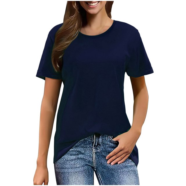 Baberdicy T-Shirts à Manches Courtes Décontractés Unis Amples à Col Ras du Cou pour Femmes Bleu Marine 3TG