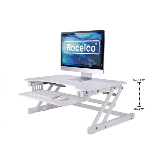 Rocelco Convertisseur de bureau debout réglable en hauteur de 32 "- Montage rapide et vertical pour double moniteur - Poste de travail pour ordinateur de table à ressort à gaz - Grand plateau pour cla