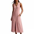 thumbnail image 2 of Uootdi Robes en Lin pour Femmes Col en V Sans Manches Détail Fendu Robes Coupe Décontractée Robes Maxi Tenue de Vacances Cadeau, 2 of 8