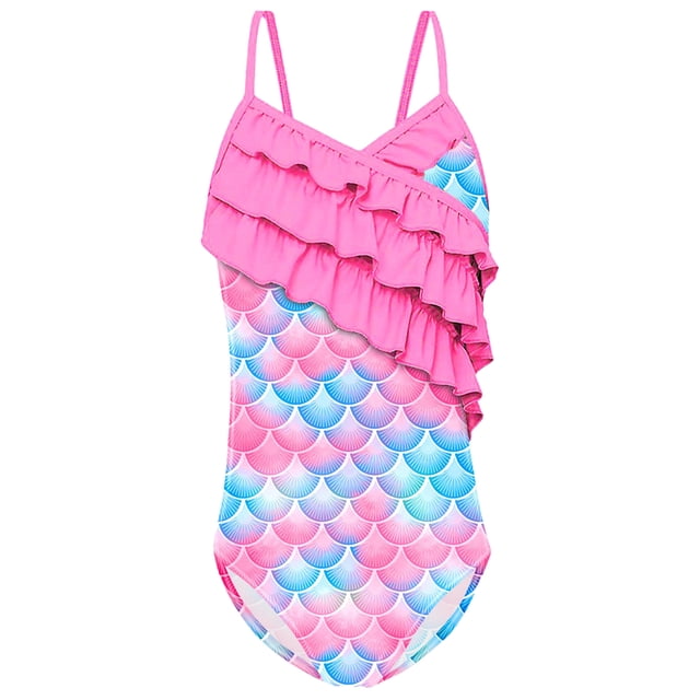 PMVFHDE Girls Mermaid Swimsuit One-Piece Cute Ruffle Strap Bathing Suit Toddler Kids Swimwear for Beach Pool Summer C,7-8 Years