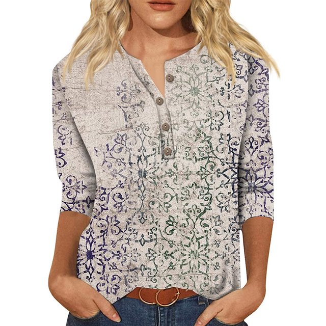 Innerwin Hauts Imprimé Floral T-Shirt Femme Col Rond Ample Bleu Abricot 2TG