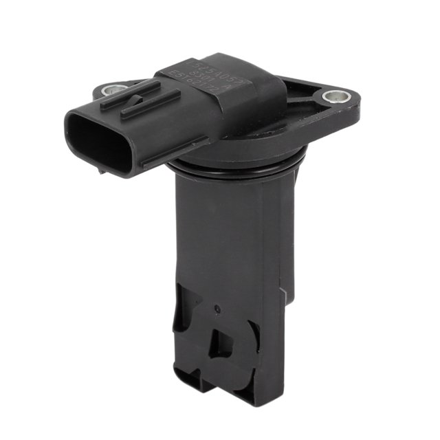 E5T62172 Mass Air Flow Meter Sensor for Mitsubishi Lancer, Outlander, Mirage, and Outlander Sport. Automotive replacement part made of black plastic and metal, featuring five pins and a 4.5mm installation hole diameter. Compact dimensions of 2.36 x 1.77 x 3.15 inches, designed for DC 12V systems.