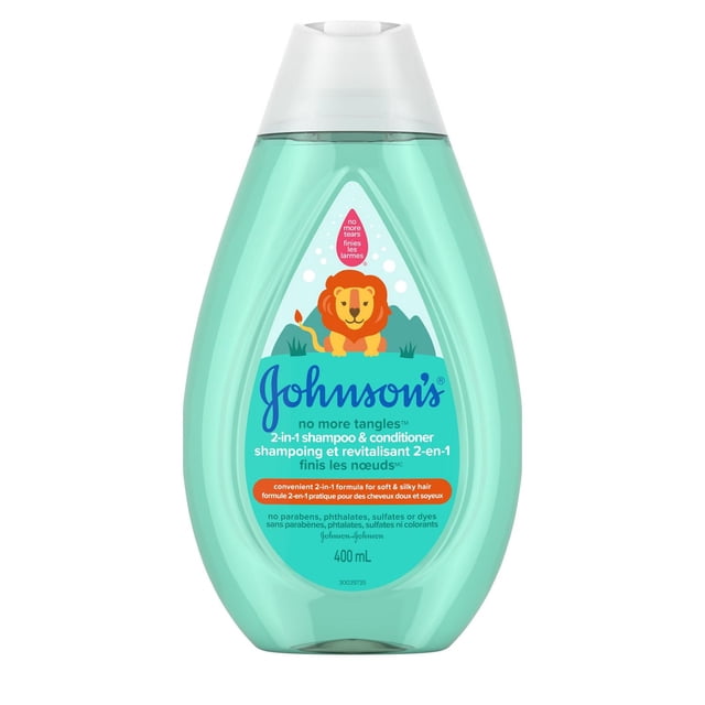 Johnson's Baby No More Tangles 2-in-1 Shampoo & Conditioner in a 400 mL translucent teal bottle with white flip cap, featuring a lion graphic and text highlighting its gentle, no tears formula that detangles and softens kids' hair, free of parabens, phthalates, sulfates, and dyes.