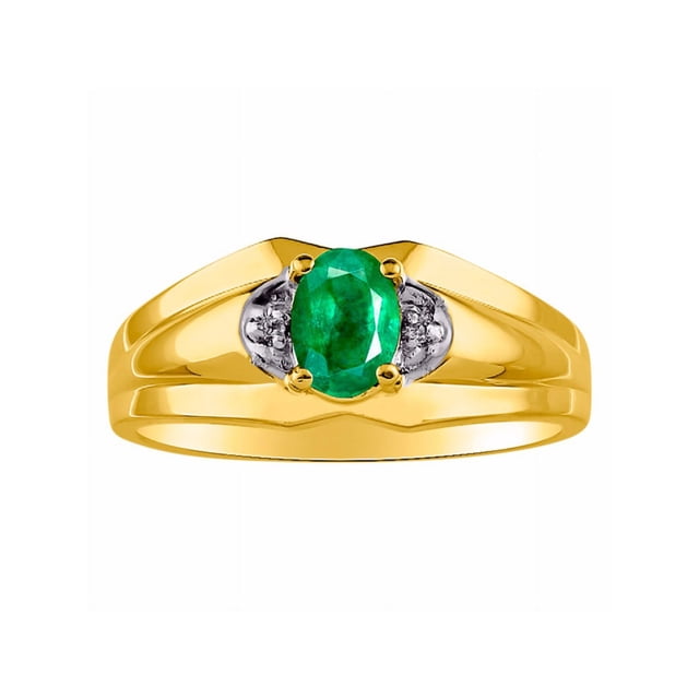 RYLOS Mens Rings 14K Yellow Gold Classic Design 7X5MM Oval Gemstone & Diamond Emerald May Birthstone Ring Size 9