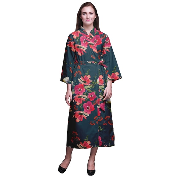 Bimba Oxford Blue Flower Leaves & Poppy Printed Crossover Robes Bridesmaid Getting Ready Shirt Dresses Bathrobes For Women S