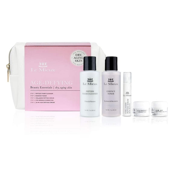 Le Mieux Age-Defying Beauty Essentials for Dry Skin - 5-Piece Luxury Skincare Facial Set - Peptide Foam Cleanser, Essence Toner, Collagen Peptide Ser