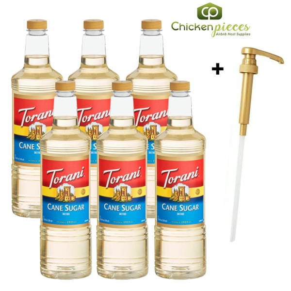 Torani Cane Sugar Sweetener Syrup, Professional Pure Simple Syrup, Shatter-Resistant 1L Plastic Bottle + Bonus Squeeze Pump