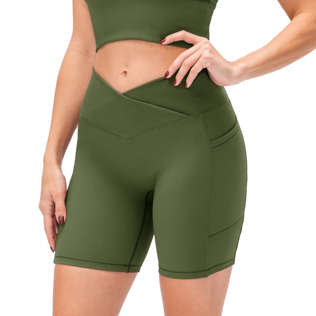 Women Yoga Shorts with Pockets Ribbed High Waist Push up