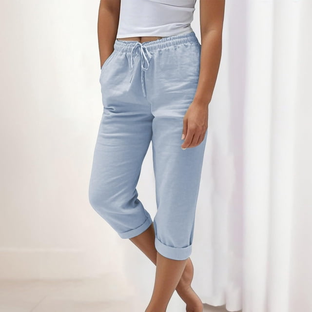 Soki Womens Capri Casual Loose Linen Elastic Wasit Cotton Linen Pants Trousers