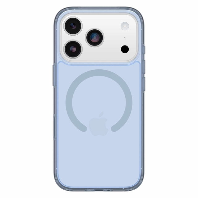 OtterBox Symmetry Clear MagSafe Case w/Camera Control Silver Glade (Blue) for iPhone 17 Pro, a clear ultra-slim protective case with built-in MagSafe ring, reinforced corners, tactile buttons, and camera control technology, designed for seamless MagSafe charging and phone protection, also compatible with straps and charms.
