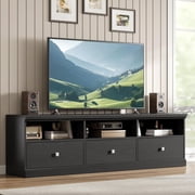 QinaQin Mid Century Modern TV Stand for 75 Inch TV Entertainment Center with Storage Drawer 70 Inch TV Console with Open Shelves Black Wood Media Console for Living Room