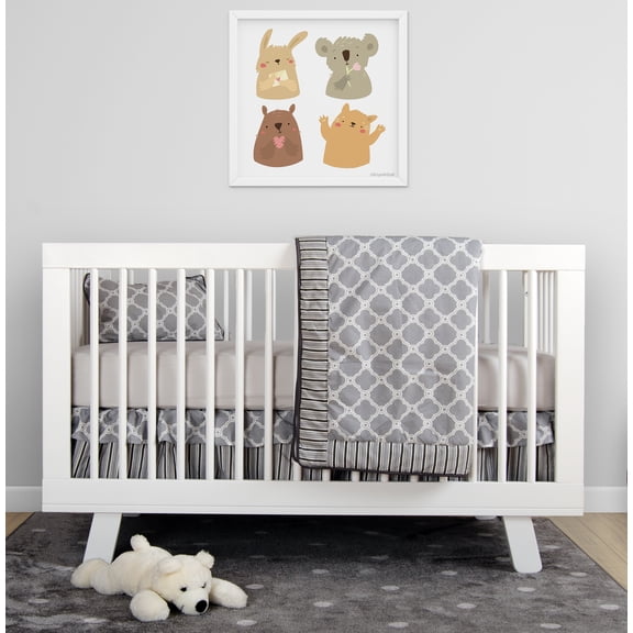 BabyFad Clover Grey 9 Piece Baby Crib Bedding Set with Musical Mobile – Modern Quatrefoil Pattern, Gender Neutral, 100% Cotton, Nursery Decor