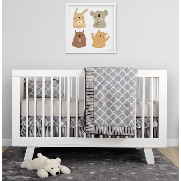 BabyFad Clover Grey 9 Piece Baby Crib Bedding Set with Musical Mobile – Modern Quatrefoil Pattern, Gender Neutral, 100% Cotton, Nursery Decor