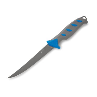 Couteau à filet d'eau salée Buck 145 Hookset 6" - Lame 5Cr15MoV avec revêtement en titane, poignée toutes saisons, étui à clip de ceinture - Bleu/gris, Garantie à vie