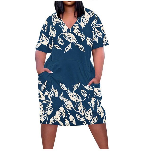Pisexur Robes d'Été pour Femmes Mode à Imprimé Floral Robe Soleil Décontractée Ample à Col en V à Manches Courtes Robes T-Shirt Fluides Surdimensionnées Robe de Plage avec Poches Grande Taille Robe Mi-Mollet L-5TG