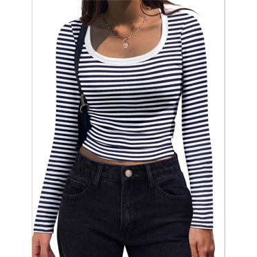 Chandails à Manches Longues pour Femmes à Encolure Dégagée, Coupe Ajustée Décontractée, Hauts en Tricot Côtelé, Été Automne, T-Shirt de Base pour le Travail, Bleu Marine, M
