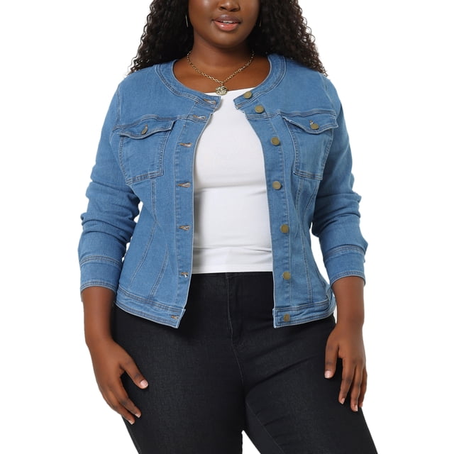 GRACE & GRANDEUR Veste en Denim Sans Col à Manches Longues pour Femmes Grande Taille