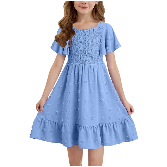 Robes d'Été pour Fille Smockées à Manches Volantées, Ligne A, Robes Soleil Évasées Mini Décontractées pour Fête, Bleu, 6-7 Ans