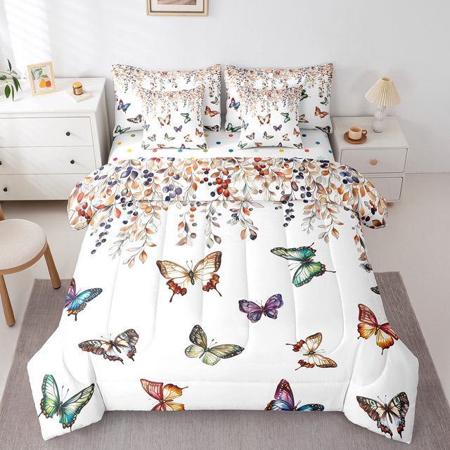 Ensemble de Literie 7 Pcs Papillon pour Lit Très Grand, Ensemble de Draps Aquarelle Botanique, Literie Colorée Faune Safari Animaux avec Couette, Housse de Couette Récolte d'Automne et d'Automne Literie de l'Action de Grâce