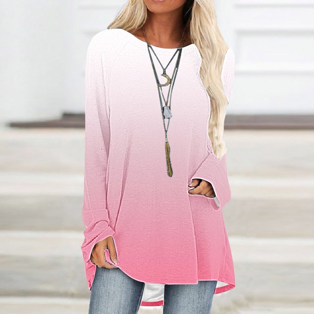 Wiyuqeen T-Shirts à Manches Raglan Longues pour Femmes Chic Décontracté Col Rond Chandail Doux Tendance Couleur Dégradée Chandails à Manches Longues Automne Amples Fluides Longues Tuniques