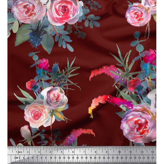 Soimoi Red Cotton Voile Fabric Leaves & Ranunculus Floral Fabric Prints By Yard 42 Inch Wide