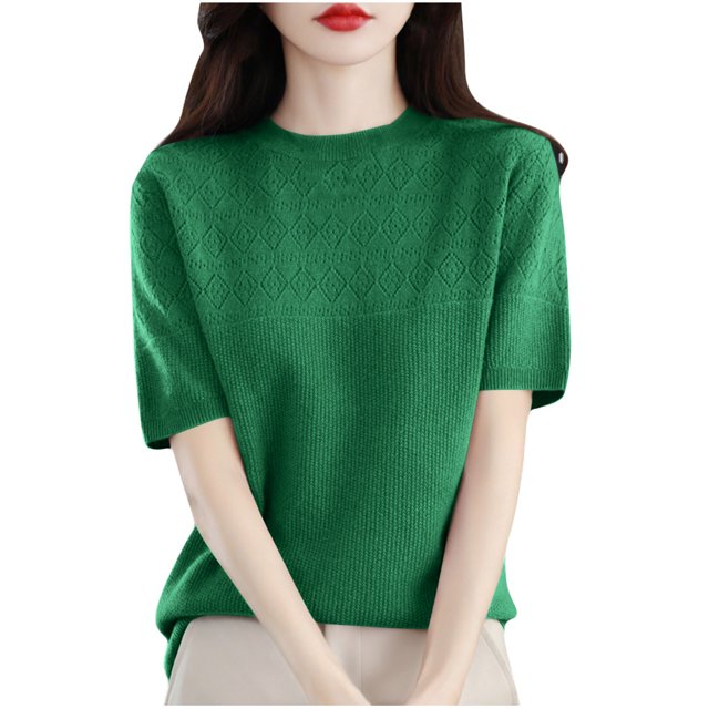 KIHOUT Nouveaux Hauts de Mode d'Été pour Femmes 2024, Veste de Déplacement Sans Capuche à Col Rond et Manches Courtes pour Dames, Couleur Unie Vert G