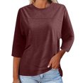 thumbnail image 2 of Yuyuzo Hauts à Manches 3/4 pour Femmes, Chemises Décontractées à Col Rond, Couleur Unie, Blouses Amples Décontractées, 2 of 7