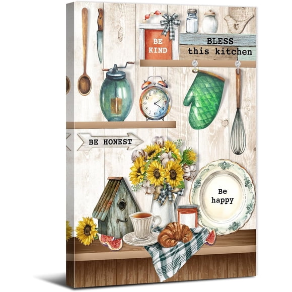 Bless This Kitchen Wall Art Farmhouse Wall Decor Rustic Family Canvas Painting Inspirational Quotes Sunflower Picture Be Kind Be Honest Be Happy Prints Artwork for Dining Room Home Decorations 12x16"