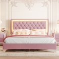 thumbnail image 2 of MODERNLUXE Queen Size Upholstered Platform Bed Frame,Modern Velvet Bed with LED Lights and Tufted Headboard,Pink, 2 of 7