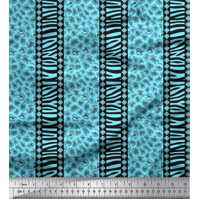 Soimoi Blue Poly Georgette Fabric Stripe,Leopard & Wild Animal Skin Print Sewing Fabric BTY 52 Inch Wide