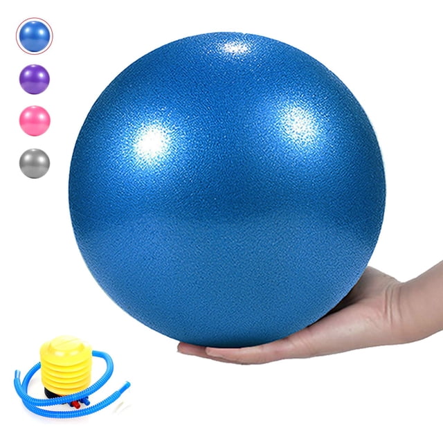 9-inch small bender ball for Pilates, yoga, barre, and core training, shown in a vibrant blue color with a textured anti-slip matte surface. Made of durable, non-toxic PVC, this mini exercise ball is anti-burst and includes a quick foot pump for easy inflation. Ideal for physical therapy and improving overall stability and muscle strength.