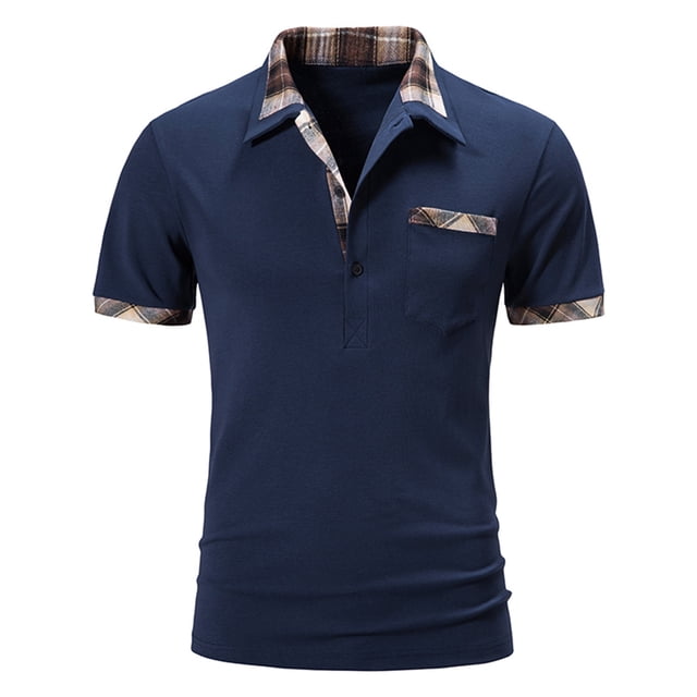 Birdeem Men Casual Button Short Sleeve Plaid Colorblock Turndown Pullover T-Shirt Tops