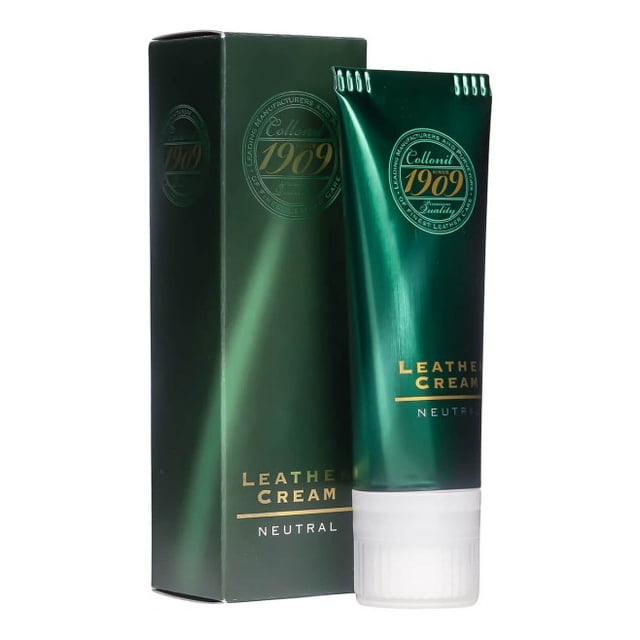 1909 Leather Cream by Collonil, presented in a green tube with gold accents and matching box packaging. This premium shoe care product nourishes and protects high-quality leather, restoring shine and extending its lifespan. Ideal for leather conditioning and shoe care.